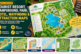 design tourist resort campground park, hotel, wayfinding and attraction maps