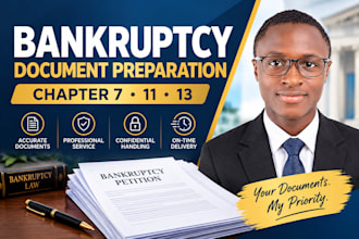 prepare bankruptcy documents, chapter 7, 9, 11 and 13 paperwork and petitions