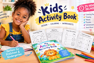 design kids activity book, children coloring pages and children worksheet design