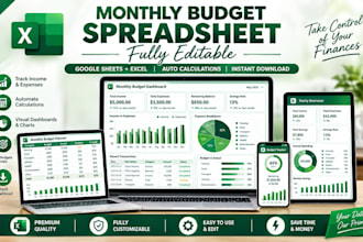 design editable excel, google sheets, budget spreadsheet and invoice templates