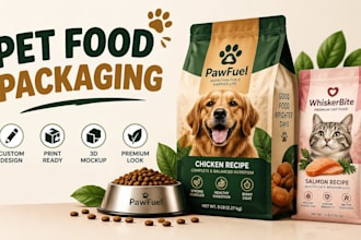 do pet food packaging design, dog food bag design, label design, with 3d mockup