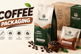 do coffee bag design, mylar packaging, and mailer box design with 3d mockup