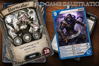 design card game art, playing card illustration, tcg board game card box design