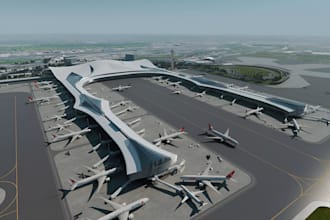 do 3d airport design, terminal interior, airway, airplane park, aviation layout