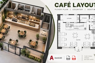 create café floor plan, counter layout, seating and autocad drawings