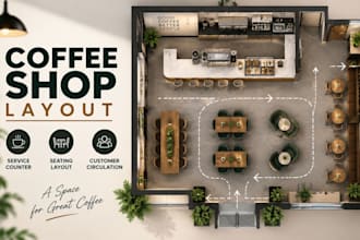 design coffee shop layout, service counter, seating and customer circulation