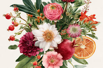 illustration of flowers, plants, and fruits