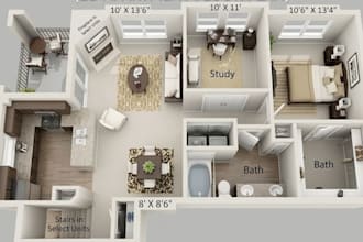 create apartment floor plan with furniture layout, dimensions and room labels