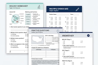 create educational worksheets, quizzes and answer keys for any subject