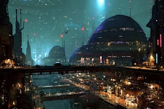 create cinematic sci fi city illustrations