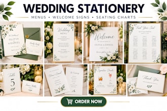 design wedding event stationery, wedding menu, welcome sign and seating chart