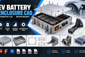model ev battery enclosure, 3d automotive cad and motor mounting bracket drawing