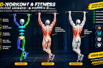 create realistic 3d gym, fitness and workout exercise animation videos content