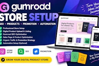 gumroad store setup, SEO, digital product promotion and automation