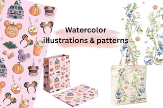 draw watercolour illustrations for patterns or cards postcards