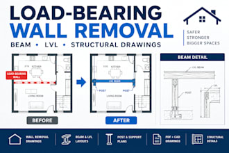 create load bearing wall removal, beam and structural drawings