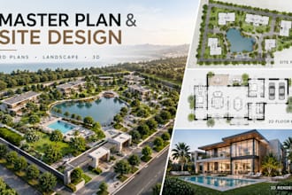 design master plan, site plan, 2d floor plan, landscape and 3d rendering