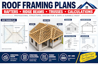 design roof framing plans, ridge beams, rafters, trusses and calculations