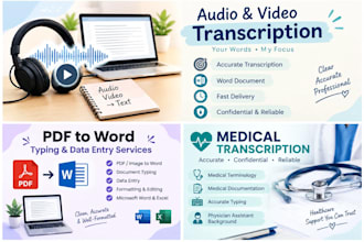 do audio transcription , video transprition, PDF to word typing, data entrying,