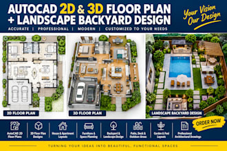 do autocad 2d floor plan, 3d floor plan design, landscape backyard design