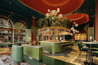 provide 3d rendering and design for your restaurant,cafe,bar,bakery,open kitchen