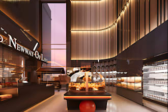 design luxury 3d bakery, 3d restaurant interior, bar, cafe with 3d rendering