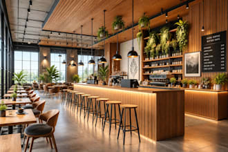 design 3d restaurant, cafe, coffee shop, bar interior with realistic rendering