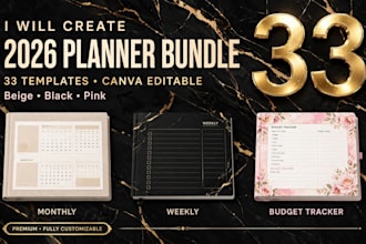 create 2026 planner bundle 33 templates canva editable beige black pink a4