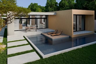 visualize single story luxury villa, swimming pool, rooftop, open space carport