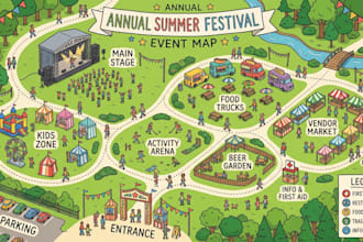 design 2d, 3d isometric map, event map, festival map, park map and vector map