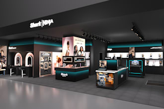 design retail store, showroom, display stands with realistic 3d renders