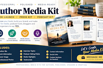 design a professional author media kit for book launch, press kit and podcasts