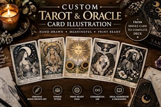 design complete tarot deck with custom card illustration and packaging