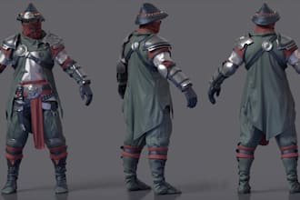 create realistic 3d combat character, unity game asset, full 3d outfit, ue5 rig