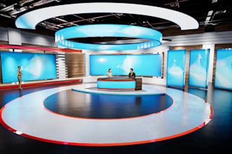 design 3d virtual studio, TV set, news studio podcast broadcast stage lightning