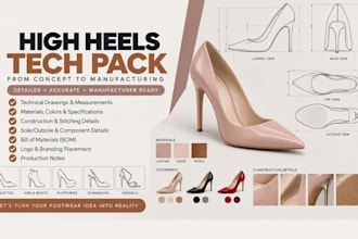 design high heels tech pack with detailed shoe specifications for manufacturing