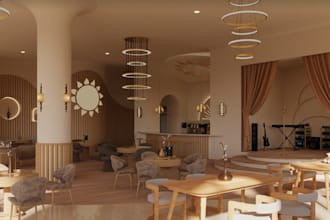 visualize 3d restaurant interior, hotel lounge render,optimize cafe space layout