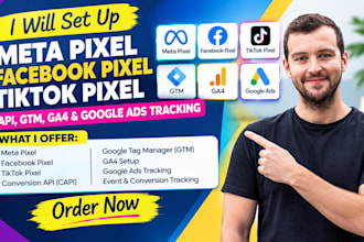 set up facebook pixel, meta API, tiktok pixel, GTM, ga4 and google ads tracking