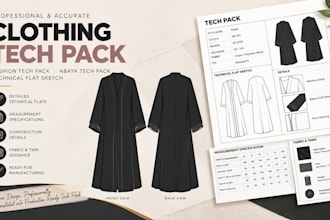 create clothing tech pack fashion tech pack abaya tech pack technical flat sketc