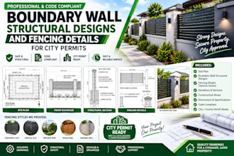 create boundary wall structural designs and fencing details for city permits