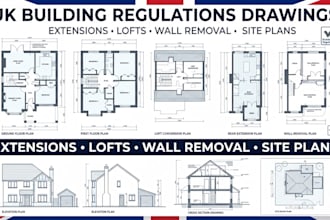 create UK building reg drawings for extension lofts wall removal and site plan