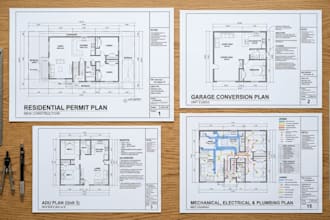 adu plan, mep drawing, garage conversion and residential permit plan drawings