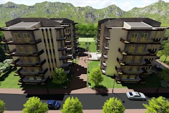 develop mid rise apartment complex, cgi housing development,landscape courtyard