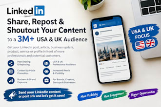 share repost shoutout your content or post link with 3m USA UK linkedin audience