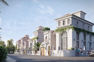 visualise dwg 2d plan to 3d render, produce front side rear of external cgi view