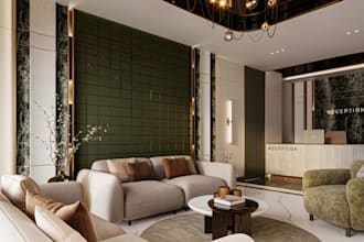 cgi hotel foyer,reception layout,3d open plan interior, guestroom, lounge render