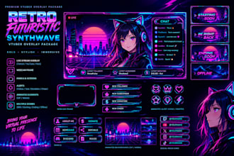 design a retro futurictic, retro cyberpunk synthwave vtuber overlay package