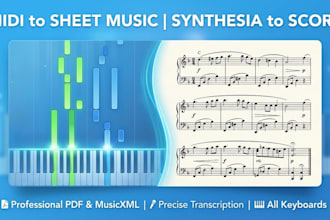 convert midi synthesia or audio to professional sheet music PDF, musicxml file
