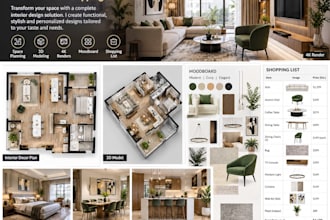 create interior decor plan, 3d model, 4k render, moodboard and shopping