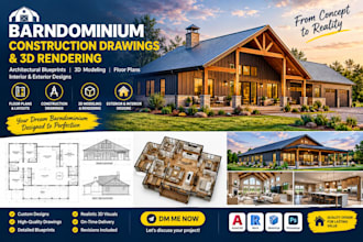 design barndominium construction drawings, architectural blueprints, 3d modeling